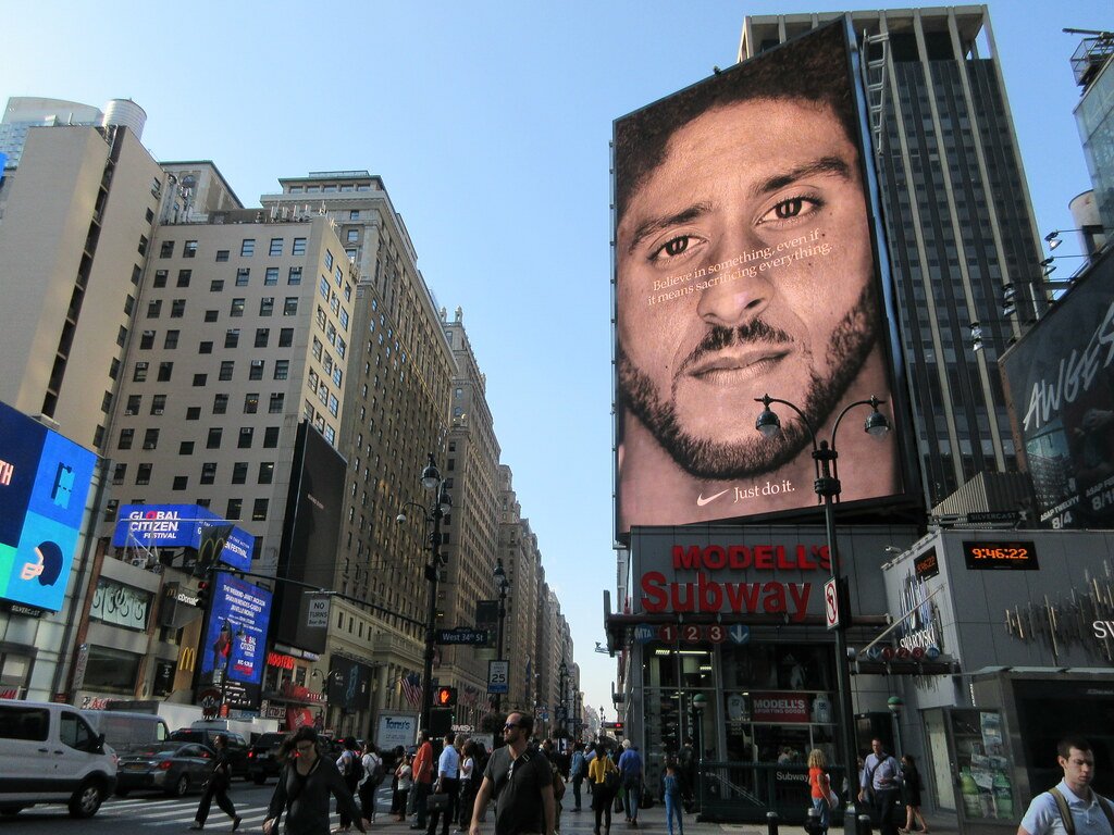 Colin Kaepernick - Just Do It - Nike Digital Billboard on 7th Ave and 34th Street near Madison Square Garden NYC 2018 New York City Football player taking a knee to make a stand 
