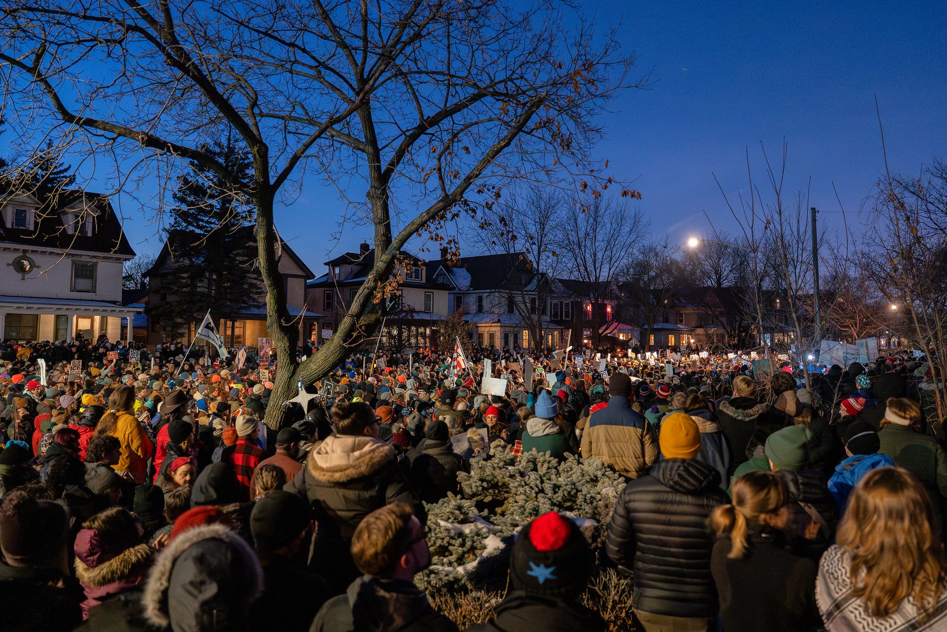 Large vigil for Renee Good in South Minneapolis. Good, who was observing ICE actions, was killed by an ICE agent earlier in the day.